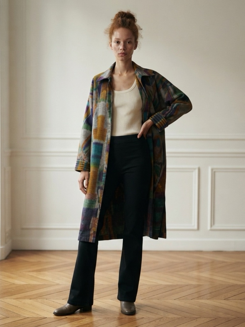 Vintage 80s Multicolor Abstract ICat Pattern Long Women's Coat (S-L) by NOGO